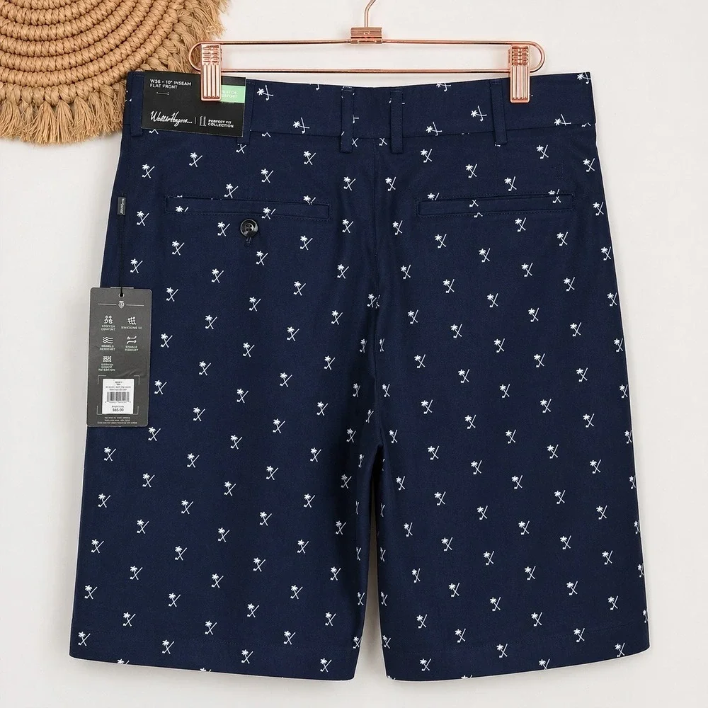 Walter Hagen NEW Perfect 11 Flat Front Palm Navy Blue Golf Shorts Mens SZ 30